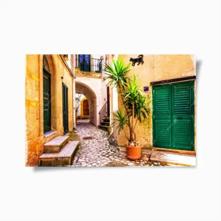 Poster ruelle méditerranéenne ensoleillée aux volets verts – Wallnifity®