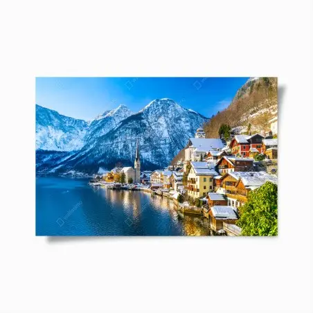 Poster village alpin pittoresque au bord du lac à Hallstatt – Wallnifity®