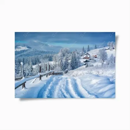 Poster chemin vers village alpin enneigé – Wallnifity®