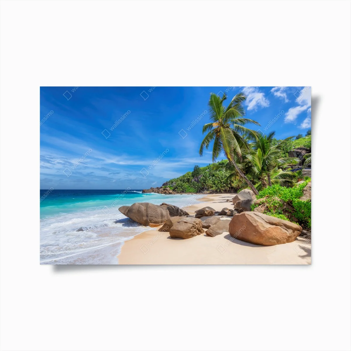 Poster plage paradisiaque aux palmiers et rochers granitiques – Wallnifity® Poster plage paradisiaque aux palmiers et rochers granitiques – Wallnifity®