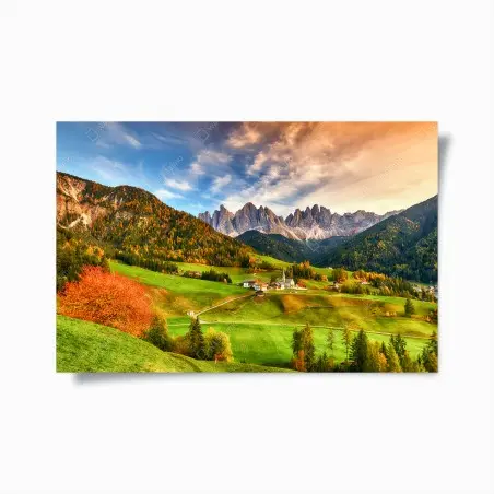 Poster lever de soleil sur Santa Maddalena, Dolomites en automne – Wallnifity®