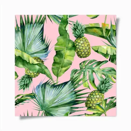 Poster motif tropical ananas et feuilles aquarelle sur fond rose – Wallnifity®