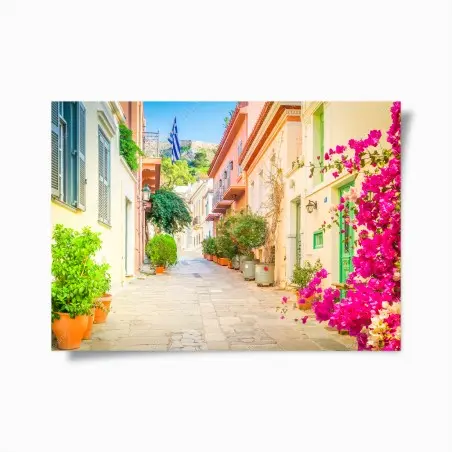 Poster ruelle pittoresque d'Athènes aux bougainvilliers – Wallnifity®