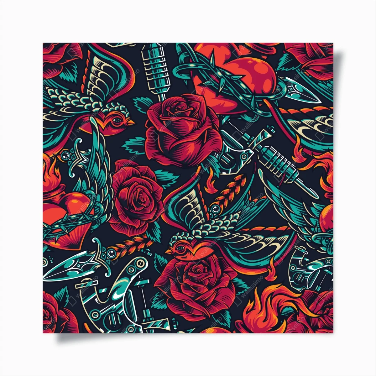 Poster motif rétro tatouage roses et hirondelles – Wallnifity® Poster motif rétro tatouage roses et hirondelles – Wallnifity®