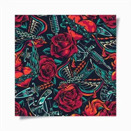 Poster motif rétro tatouage roses et hirondelles – Wallnifity®