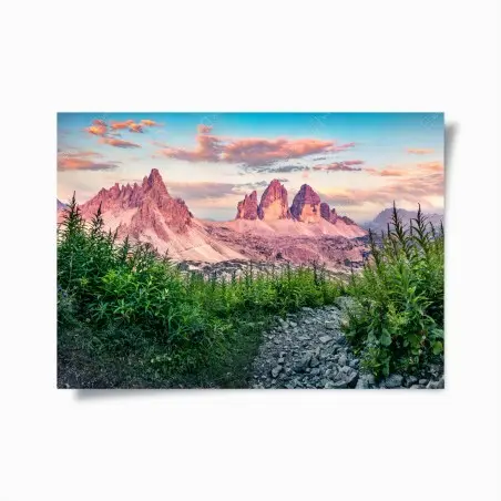 Poster panorama des Dolomites : Tre Cime di Lavaredo au coucher du soleil – Wallnifity®