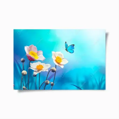 Poster élégance printanière — anémones et papillon bleu – Wallnifity®
