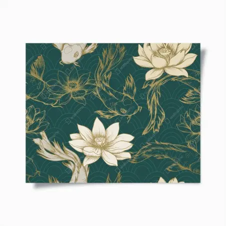 Poster motif lotus et carpes koi sur fond vert émeraude – Wallnifity®