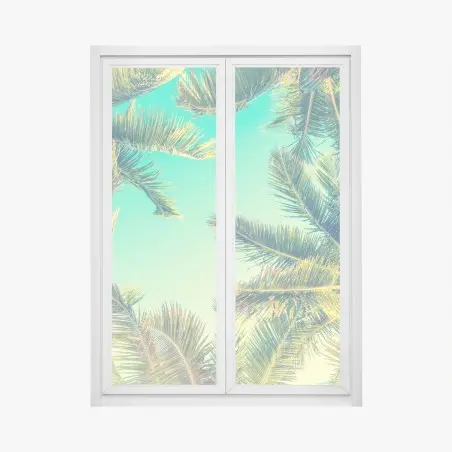 Sticker pour vitres et fenêtres vue rétro de palmiers sur ciel turquoise – Wallnifity®
