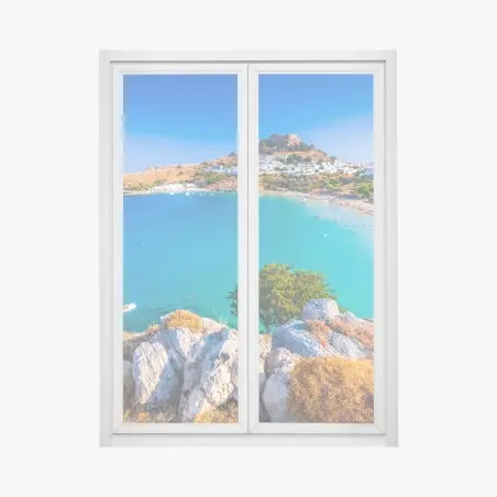 Sticker pour vitres et fenêtres acropole de Lindos surplombant la baie turquoise – Wallnifity®