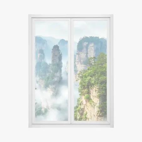 Sticker pour vitres et fenêtres paysage de colonnes rocheuses embrumées – Wallnifity®
