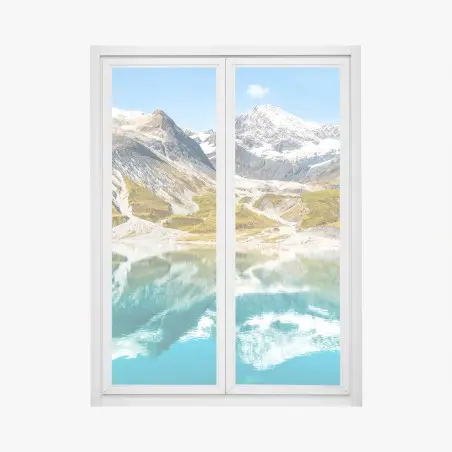 Sticker pour vitres et fenêtres reflets alpins sur un lac turquoise – Wallnifity®