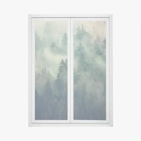 Sticker pour vitres et fenêtres forêt embrumée aux sapins majestueux – Wallnifity®