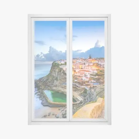 Sticker pour vitres et fenêtres village au bord de la falaise : Azenhas do Mar, Portugal au crépuscule – Wallnifity®