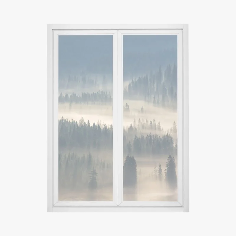 Sticker pour vitres et fenêtres brume matinale sur la forêt de conifères – Wallnifity® Sticker pour vitres et fenêtres brume matinale sur la forêt de conifères – Wallnifity®