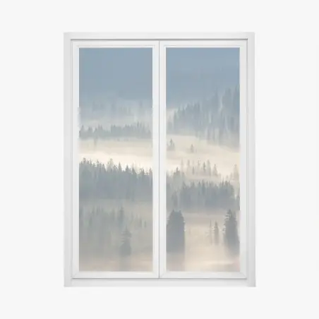 Sticker pour vitres et fenêtres brume matinale sur la forêt de conifères – Wallnifity®