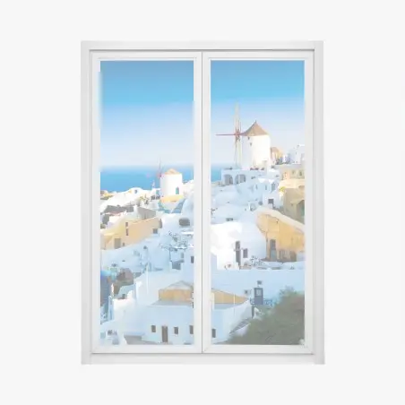Sticker pour vitres et fenêtres village blanc de Santorin au bord de la mer – Wallnifity®