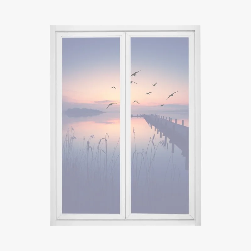 Sticker pour vitres et fenêtres paysage au crépuscule avec ponton et oiseaux – Wallnifity®