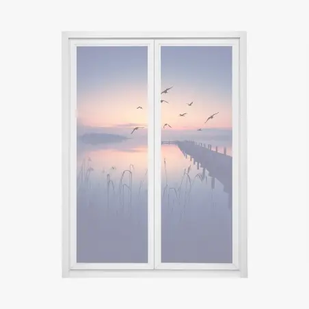 Sticker pour vitres et fenêtres paysage au crépuscule avec ponton et oiseaux – Wallnifity®