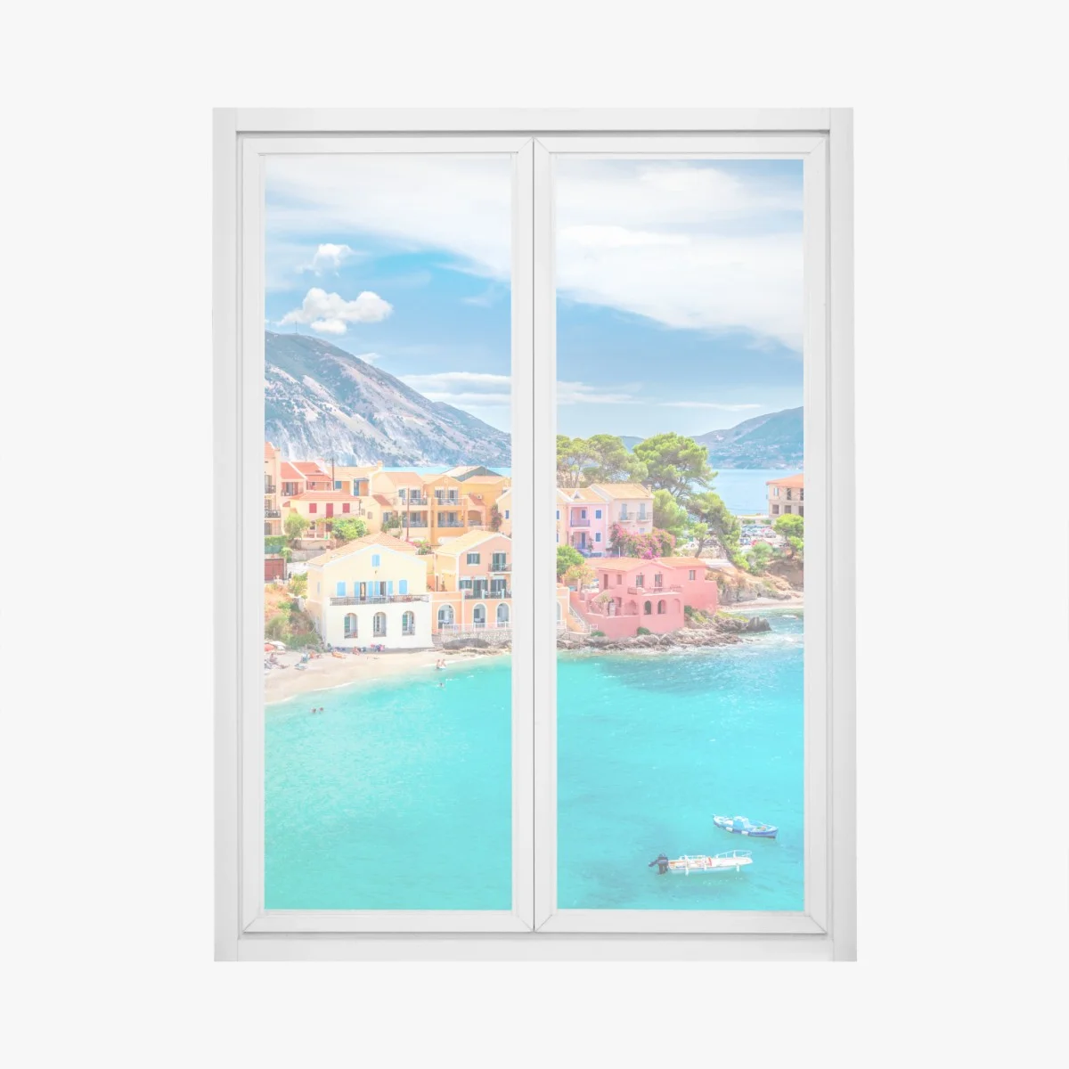 Sticker pour vitres et fenêtres village côtier coloré d'Assos, Céphalonie – Wallnifity® Sticker pour vitres et fenêtres village côtier coloré d'Assos, Céphalonie – Wallnifity®
