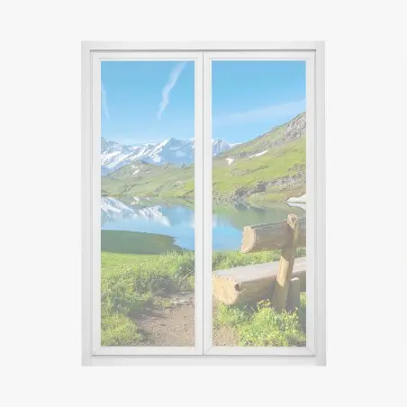 Sticker pour vitres et fenêtres banc rustique face aux montagnes enneigées – Wallnifity®