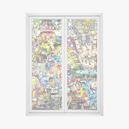 Sticker pour vitres et fenêtres fresque urbaine multicolore : collage musical et psychédélique – Wallnifity®