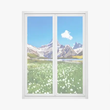 Sticker pour vitres et fenêtres pause alpine: panorama montagneux et lac cristallin – Wallnifity®