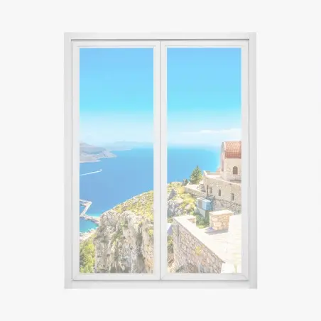 Sticker pour vitres et fenêtres paysage méditerranéen : église sur la falaise face à la mer – Wallnifity®