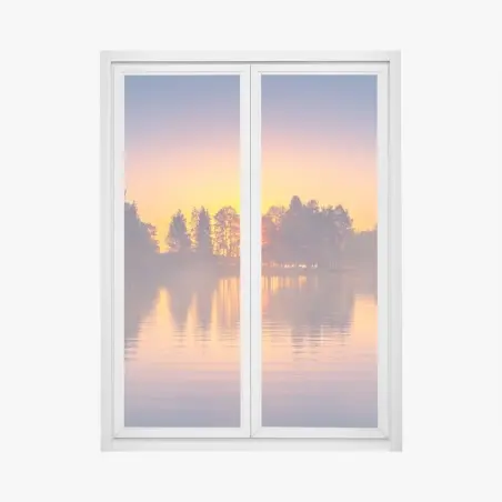 Sticker pour vitres et fenêtres coucher de soleil sur le lac brumeux – Wallnifity®
