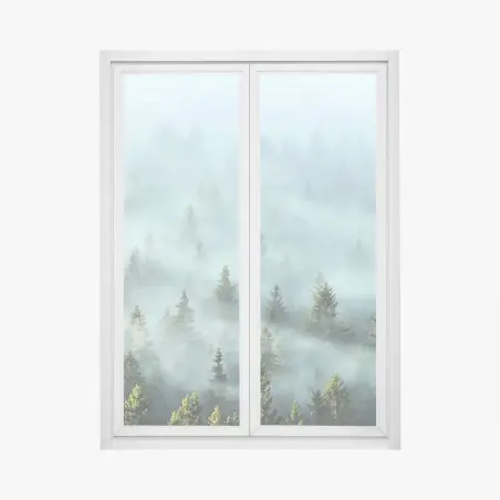 Sticker pour vitres et fenêtres brume matinale sur la forêt de sapins – Wallnifity®