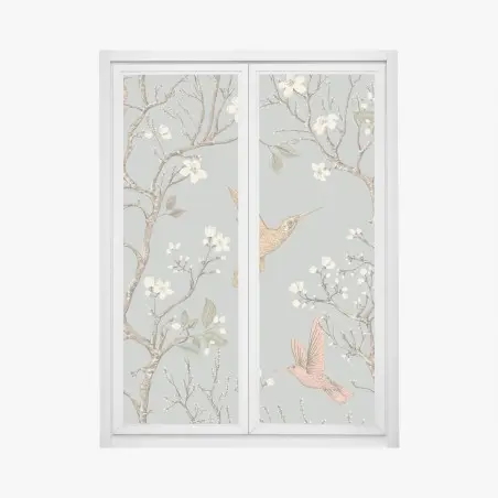 Sticker pour vitres et fenêtres colibris et fleurs sur fond vert doux – Wallnifity®