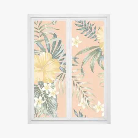 Sticker pour vitres et fenêtres fleurs tropicales jaunes sur fond pêche – Wallnifity®