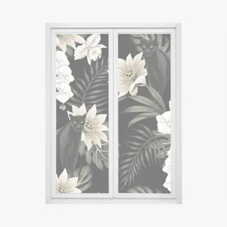 Sticker pour vitres et fenêtres panthères et orchidées sur fond noir – Wallnifity®