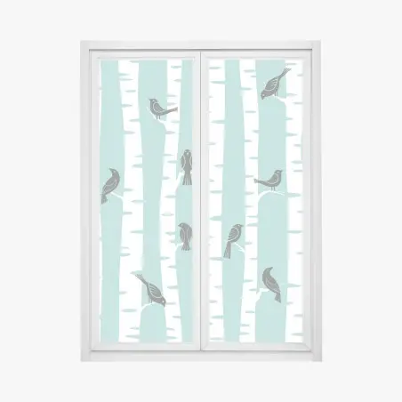 Sticker pour vitres et fenêtres oiseaux sur troncs de bouleau menthe – Wallnifity®