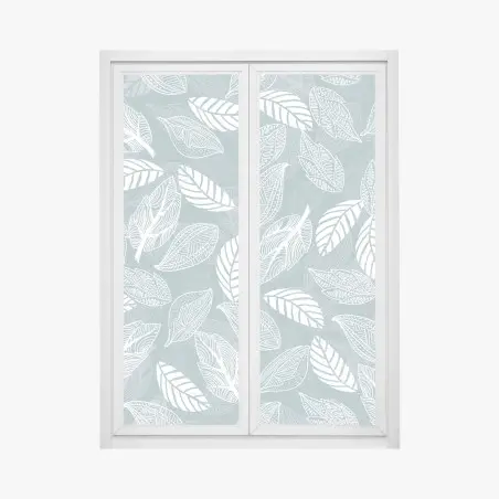 Sticker pour vitres et fenêtres motif feuilles blanches sur fond bleu-gris – Wallnifity®