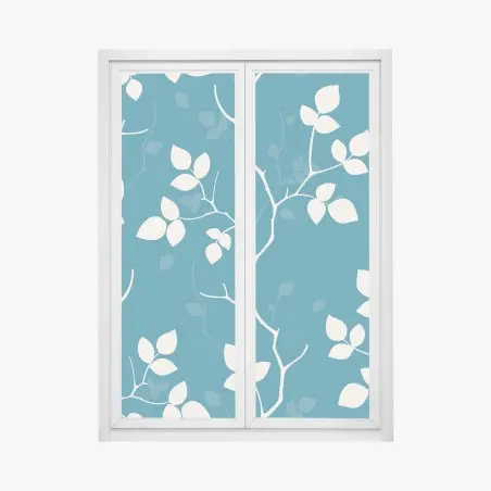 Sticker pour vitres et fenêtres motif feuilles blanches sur fond bleu canard – Wallnifity®