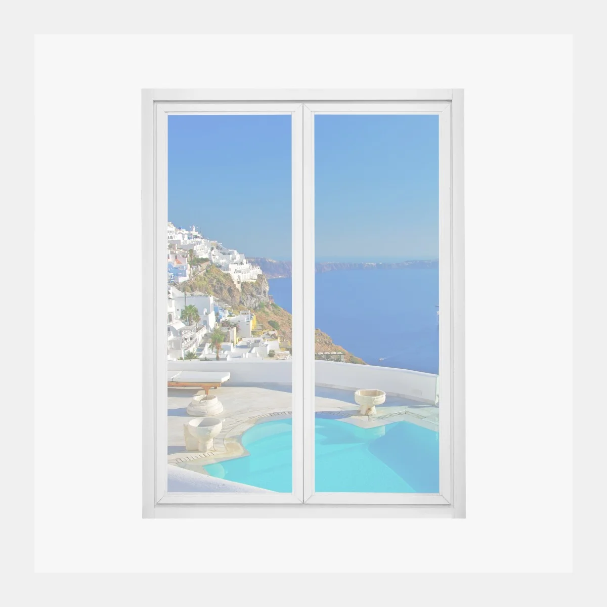 Sticker pour vitres et fenêtres vue panoramique de Santorin au bord de la piscine – Wallnifity® Sticker pour vitres et fenêtres vue panoramique de Santorin au bord de la piscine – Wallnifity®