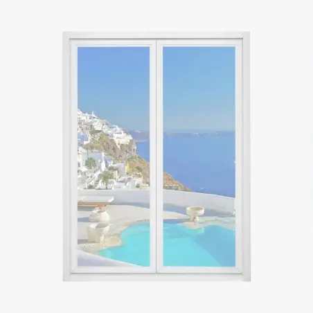 Sticker pour vitres et fenêtres vue panoramique de Santorin au bord de la piscine – Wallnifity®