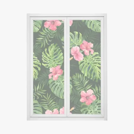 Sticker pour vitres et fenêtres motif tropical feuilles de monstera et hibiscus roses – Wallnifity®