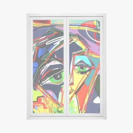 Sticker pour vitres et fenêtres portrait abstrait aux couleurs vives et lignes dynamiques – Wallnifity®