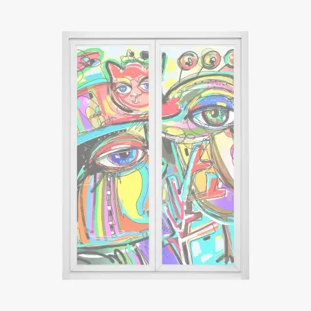 Sticker pour vitres et fenêtres rencontre colorée: visage, oiseau et chat rouge – Wallnifity®