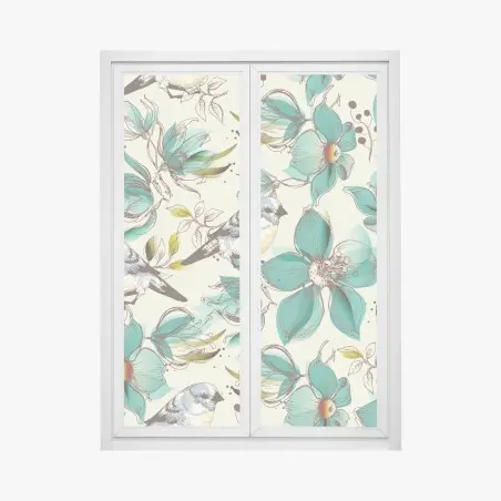 Sticker pour vitres et fenêtres fleurs et oiseaux rétro en turquoise – Wallnifity®