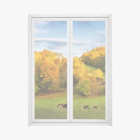 Sticker pour vitres et fenêtres paysage d'automne avec vaches et grange rouge – Wallnifity®