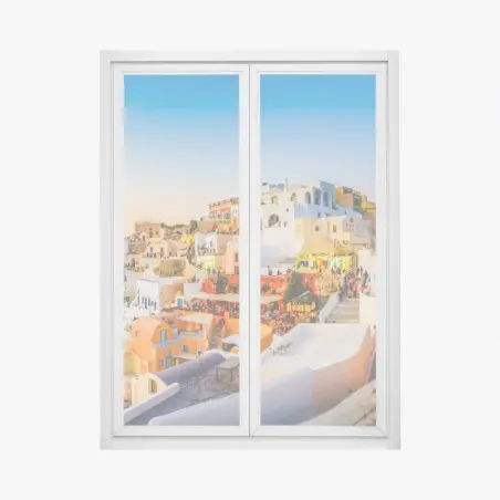 Sticker pour vitres et fenêtres panorama coloré de Santorin au coucher de soleil – Wallnifity®