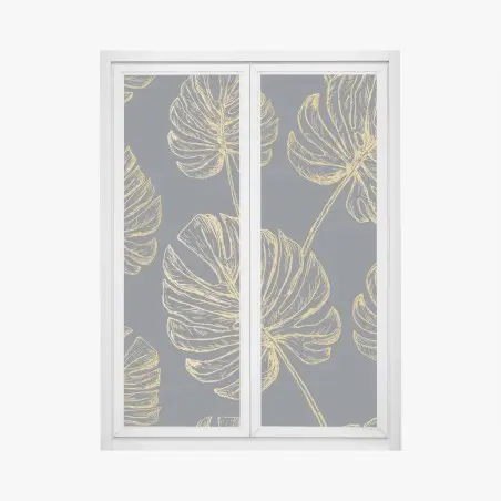Sticker pour vitres et fenêtres feuilles monstera dorées sur fond gris élégant – Wallnifity®