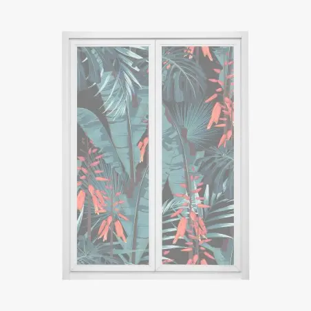 Sticker pour vitres et fenêtres jungle tropicale nocturne aux fleurs rouges – Wallnifity®