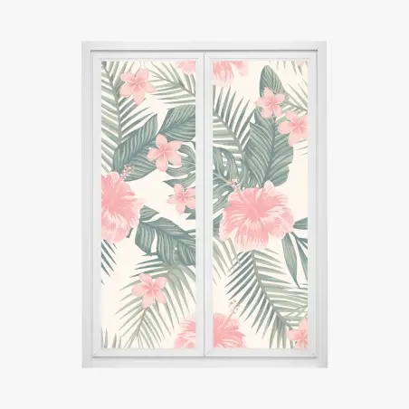Sticker pour vitres et fenêtres motif tropical hibiscus corail et feuillage vert – Wallnifity®