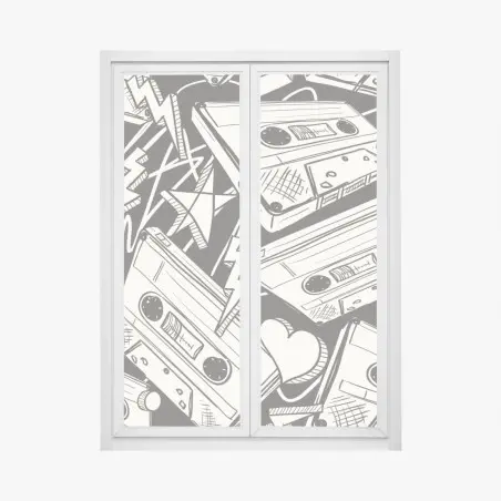 Sticker pour vitres et fenêtres ambiance rétro cassettes et croquis noir et blanc – Wallnifity®