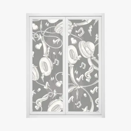 Sticker pour vitres et fenêtres motif casque audio et notes de musique en monochrome – Wallnifity®