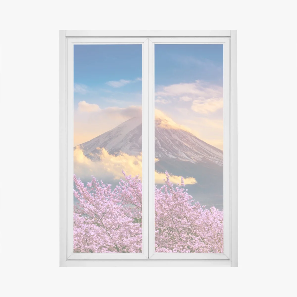 Sticker pour vitres et fenêtres lever du soleil sur le Mont Fuji et cerisiers en fleurs – Wallnifity® Sticker pour vitres et fenêtres lever du soleil sur le Mont Fuji et cerisiers en fleurs – Wallnifity®